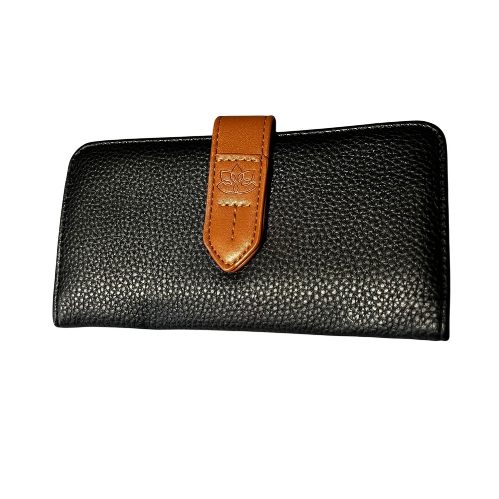 Black Pebbled Vegan Leather Bifold Wallet with Lotus Tab Cognac Brown Accent